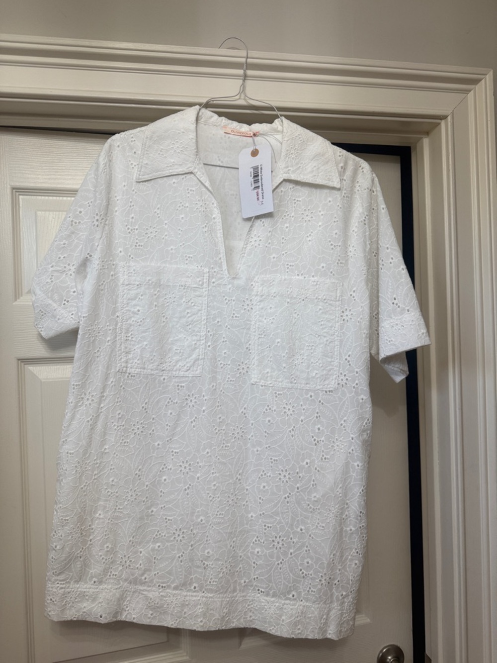 Olivaceous White Eyelet Popover Shirt Dress